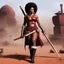 Placeholder: Nyota Uhura, ready to fight, in dust, rust and blood, her body is covered with multiple pearls and leather belts, in fur boots, she blows deep into the didgeridoo