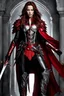 Placeholder: Gorgeous photograph Silver and red fantasy Beautiful Kate Beckinsale as an Queen Vampire armour, with a red cape, with black and red spikes coming out the back and arms, glowing red eyes, long red hair pony tail coming out,at castle