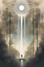 Placeholder: Desolate treeless post-Apocalyptic urban setting with a huge portal being generated in mid air. The border of the portal is made of a wispy translucent white and golden lacy light with geometric fractal patterns. Inside of the portal, a peaceful lush forest setting with a waterfall can be seen distinctly juxtaposed with the dismal setting outside of the beautiful portal