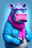 Placeholder: A pink hippo that is a ufc fighter, wearing.a blue shirt and scarf, goggles