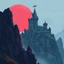 Placeholder: 8 bit pixelart a towering castle perched atop windswept cliffs, its jagged stone figure bathed in the cinematic crimson glow of a giant, imposing red harvest moon.