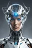 Placeholder: Fullbody futuristic cyborg with enhanced vision, wearing sleek, metallic headgear reminiscent of Google's Project Glass. The cyborg's face is half organic and half mechanical, with a glowing cybernetic eye that seems to be connected directly to their brain. The other eye is still human, but it's framed by intricate circuitry and a thin layer of protective iridescent film. The cyborg's skin is a blend of synthetic and natural materials, with visible wires and tubes running beneath the surface