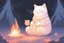 Placeholder: Against a dark cracked holographic marble background, a cute chibi plushy fluffy knitted and embroidered cat, tent, campfire, pond, mist and fog in sunshine, drawn in orange glowing neon lines. The cracks in the background are golden. Ethereal, cinematic postprocessing.