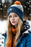 Placeholder: a teen girl with blondy orangey hair standing in a field with snowflakes falling around her, dresses in winter clothes and wearing a winter hat