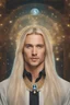 Placeholder: Handsome blond man of 30 years old, male and rich face, businessman, wearing social clothes from work, seeing the spirit of a beautiful woman, goddess appearing as a transparent ghost, with jewels in her long dark hair