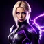 Placeholder: full body portrait of an attractive youthful female sith with blonde hair, black and purple clothing, dark eyeshadow, dark eyeliner, focused and intense, surrounded by crackling electricity, video game character