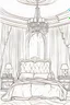 Placeholder: a cut outline art for adults coloring book pages.A bedroom with a chandelier and a bed with a blanket on it ,white background, sketch style, only outlines used, cartoon style, lines, coloring book, clean lines, no background. White, Sketch style.