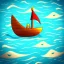 Placeholder: Small wooden ship, Legend Of Zelda: Wind Waker style, on a vast ocean, stylized, colorful, adventurous, full view.