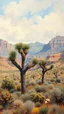Placeholder: A Joshua trees surrendered by the Grand Canyon mountains the desert, in a forgotten battlefield over run by vegetation, cutesy tiktok detailed oil painting, grainy, old style