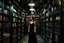 Placeholder: full-height shot of a woman in a tight black dress, inside a large magic book shop, shelving, lights, books, bottles, windows