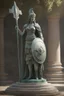 Placeholder: highly detailed marble and jade roman statue on a plint of a 18 year old goddess of war in plate mail and carrying a spear and holding a round shield in front of her. full body shot, invisible gloves, , volumetric fog, Hyperrealism, breathtaking, ultra realistic, unreal engine, ultra detailed, cyber background, Hyperrealism, cinematic lighting, highly detailed, breathtaking, stunning temple environment