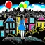 Placeholder: A girl in a blue dress standing tippy toe on the roof of building in chalk-drawn cityscape on a black board, holding a bunch of colorful primary colored balloons.She is standing on the roof of one of the houses, She appears carefree, soaring amidst the whimsical, artistic backdrop of houses.