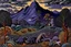 Placeholder: A dark purple mountain with tar pits designed in Oaxacan alebrijes painted by Rene Magritte