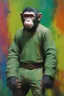 Placeholder: Roddy McDowall as Cornelius the chimpanzee from Planet of the Apes wearing a thick green cotton tunic and trousers - extremely colorful, multicolored paint splattered wall in the background, oil painting by Leonardo da Vinci