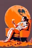 Placeholder: simple digital art scene, Elon musk sitting on the moon on an orange couch, beer in hand ,eating popcorn, looking unamused at planet earth,. selective colours