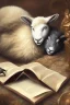 Placeholder: one black sheep reads a book on other site white sheep herd sleep