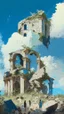 Placeholder: ruined buildings with people and blue sky and white clouds and foliage and rocks