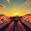 Placeholder: golden age of comics, dramatic angle rear view of a super muscle car driving down a desert highway toward a brilliant sun, dynamic composition, artistic, vaporwave