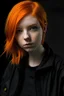 Placeholder: Girl with orange hair red eyes and a orange jacket and black shirt with short hair