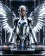 Placeholder: wide shot image facing front photography realistic full body robotic mechanical metalic chrome bright shine,futuristic armor Beautiful Futuristic Cyborg Angel Woman as DJ player,playing turntable DJ player,big sound system and laser spot light background