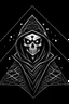 Placeholder: tim burton skeleton in a black hooded cloak drawn in a retro mascot style, inside a diamond shape on a black background, monochromatic