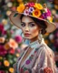 Placeholder: supermodel beauty make up, adorned hat with colorful flowers ,luxurious dress colorfull bohemian, background floristry, diamond dust, fluff, bokeh, filigree, ornate,photography, high resolution, high details,photoshoot shoot Lensbaby Velvet 56mm, f1.6, Sony A7IV