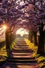 Placeholder: A photorealistic image of some country steps in the English countryside at dawn. Lined on both sides by mature trees bursting with colorful cherry blossoms. The soft light of dawn casts a warm glow on the scene, highlighting the delicate petals of the blossoms and creating long, dramatic shadow