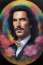 Placeholder: Count Dracula's face inside a small gold circle, Paul Stanley/Elvis Presley/Keanu Reeves/Jon Bernthal, multicolored, large, Floral/rainbow designs, atmospheric, beautiful, bright, vibrant colors, pitch-black background, oil painting by Boris Vallejo, 4k UHD, Photorealistic, professional quality