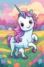 Placeholder: kids illustration, a cute unicorn playing in field, cartoon style, thick line, low details, vivid color