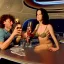 Placeholder: Gina Strippoli and brian anwander in the future with alien drinking beer in a mothership