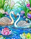 Placeholder: Stylized couple of two swans among lotus flowers (water lilies) and pond plants, colorful page, cooler background, perfect composition, beautiful detailed intricate insanely detailed octane render trending on artstation, photorealistic, soft natural volumetric cinematic perfect light, chiaroscuro, masterpiece, oil on canvas, raphael, caravaggio, greg rutkowski, beeple, beksinski, giger, black and white still, digital Art, perfect coloer