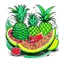 Placeholder: A tropical fruit platter with pineapple and watermelon slices, vibrant, refreshing, overhead lighting, T-shirt design graphic, vector, contour, white background