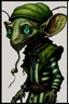 Placeholder: Artist Jean-Baptiste Monge style. A old biomorph male humanoid with Ant face. Bright eyes. A green and blue striped outfit. Modifiers: Tim Burton Craig Rutkowski Modifiers: neon glowing Iridescent black ink