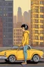 Placeholder: Full body illustration of a young man pensive while listening to music with headphones by a yellow car on the west coast of the United States. In the background is a distant cityscape and an old apartment building. The city is illuminated by the sunset, creating an overall nostalgic and emotional atmosphere. Cartoonish art style with lots of detail.
