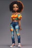 Placeholder: create a colorful digital urban culture art image 8k of a chibi curvy black female wearing torn jeans pants and a orange tie dye off the shoulder blouse. Prominent make up with hazel eyes. Highly detailed long tight curly PONYTAIL