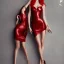 Placeholder: beautiful woman, red hair, mini dress, tall, long legs