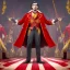 Placeholder: circus ringmaster alone in dimly lit circus tent, garish red coat, 1800s, chiaroscuro lighting , 8k UHD, matte painting, illustration, renaissance, artwork, high-quality, intricate detail, dark circus, night circus, creepy, rocco, greg rutowski, howard lyon, alphonse mucha