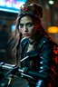 Placeholder: motion blur cyberpunk young biker Jennifer Connelly royal vampire with head band mods painted by Rembrandt and Titian and Giger