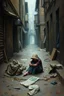 Placeholder: Bosch painting style , a homeless woman with sitting in an dirty street , high quality and fantasy
