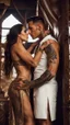 Placeholder: Jason david frank muscular male with short dark hair and tribal tattoos wearing a designer suit, whispering in ear of beautiful 18 year old woman with short blond hair wearing a long white translucent dress