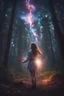 Placeholder: girl in the forest, sparks around her, galaxy on background,