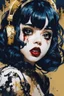 Placeholder: Poster in two gradually, a one side malevolent goth vampire girl face and other side the Singer Melanie Martinez face, painting by Yoji Shinkawa, darkblue and gold tones,