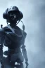 Placeholder: Robotic black uniform American soldier, high tech special forces helmet, navy seals soldier, G.I. Joe, white smoke, dark, rage, sorrow, high definition, ultra 8 k, volumetric lighting, blue fire, fog