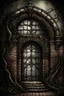 Placeholder: magic building, round windows, door, brickwork, ornament of branches and leaves, mysticism, fantasy, Gothic detailing, grunge canvas, oil, magic, fantasy, soft illumination, haze, ink, fine drawing, megadetalization, megarealism, drawing in colored ink, dark tones