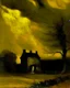 Placeholder: A yellow haunted mansion in a thunderstorm painted by Albert Pinkham Ryder