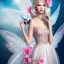 Placeholder: fantasy fairy with transparent wings, smiling, make up, long platinum blond hair with crown and flowers, pink dress