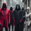 Placeholder: a creepy cult of shrouded in onyx skin tight LYCRA faceless masks, hoods and suits with an evil priest in red sunglasses and clothing standing next to a very tall, very muscular member and grinning