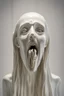 Placeholder: Reimagine "The Scream" by Edvard Munch as a delicate, translucent porcelain sculpture, capturing the anguished figure in mid-torment, mouth agape and eyes wide with despair, its fragile form seeming to vibrate with the intensity of the original's emotional turmoil. The aesthetics evoke a haunting, dreamlike quality, with soft, ethereal lighting casting an eerie glow on the sculpture's intricate textures. Icy blues and misty greens swirl together in a mesmerizing dance, as delicate, lace-like ten