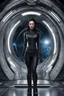 Placeholder: photorealistic slim woman looking like Drusilla with black boots standing at the entrance to a spaceship