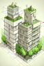 Placeholder: Give me a sketch of two buildings, one medium square, one floor, which is full of plants and a place for meditation, and the other building is polygonal and a bit bigger than the first one, and has two floors.